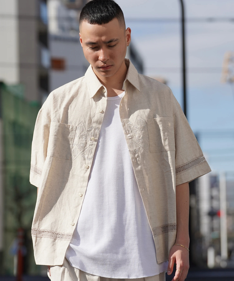 JACKROSE(ジャックローズ) |JE-LINEN 刺繍 RACE TAPE S/S SHIRT *セットアップ対応(MENS)