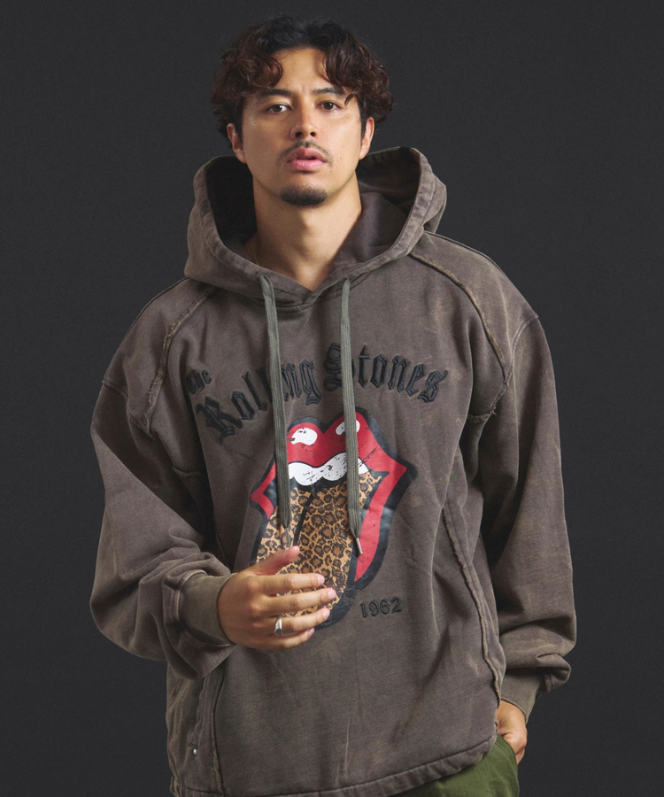 JACKROSE(ジャックローズ) |【The Rolling Stones×JACKROSE】 Lips&Tongue ヒョウ柄切替プルパーカー(MENS)