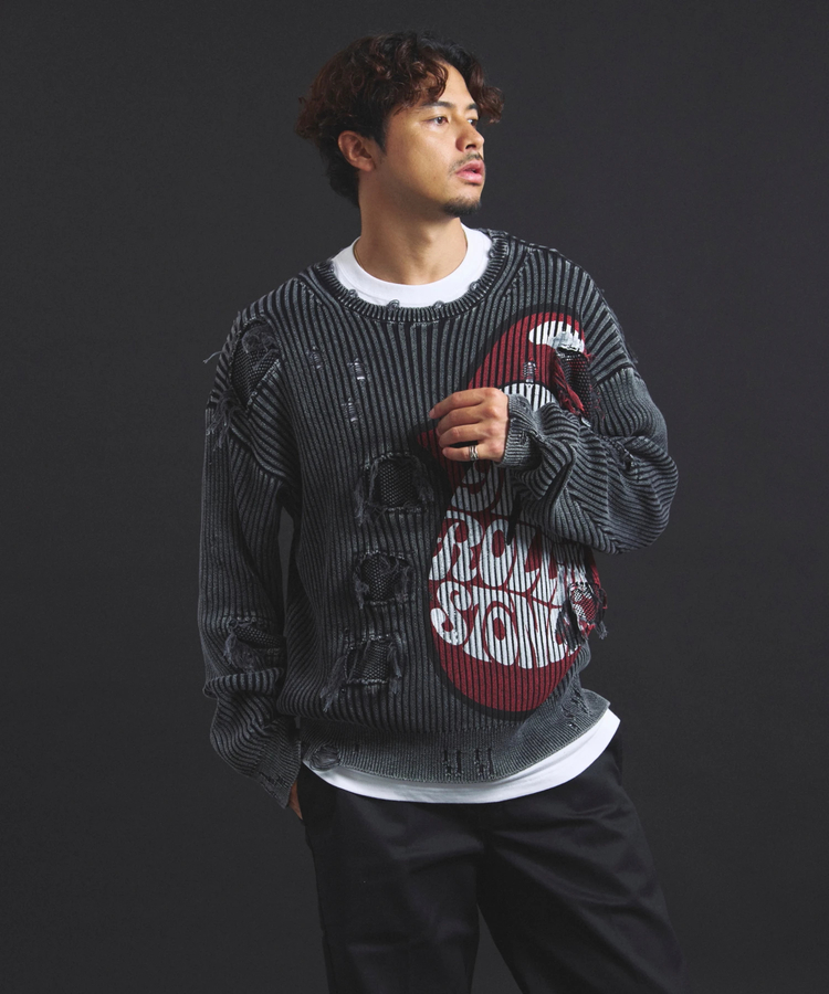 JACKROSE(ジャックローズ) |【The Rolling Stones×JACKROSE】 Lips&Tongue ダメージグランジニット(MENS)