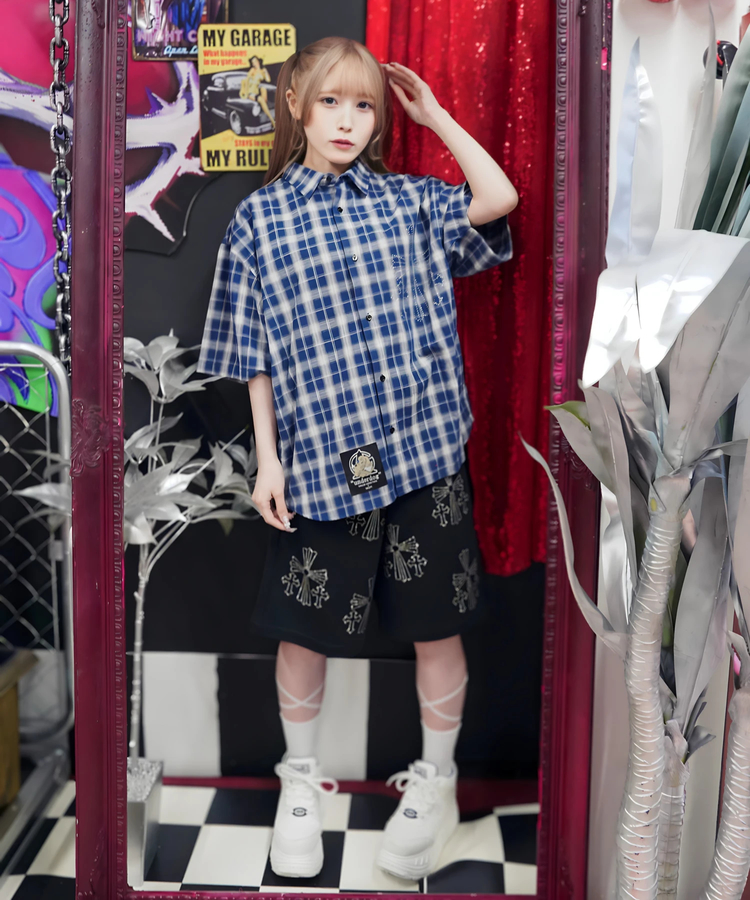 JACKROSE(ジャックローズ) |【GALFY×GALLIS ADDICTION】安心の十字架キラキラチェックSSシャツ(MENS)