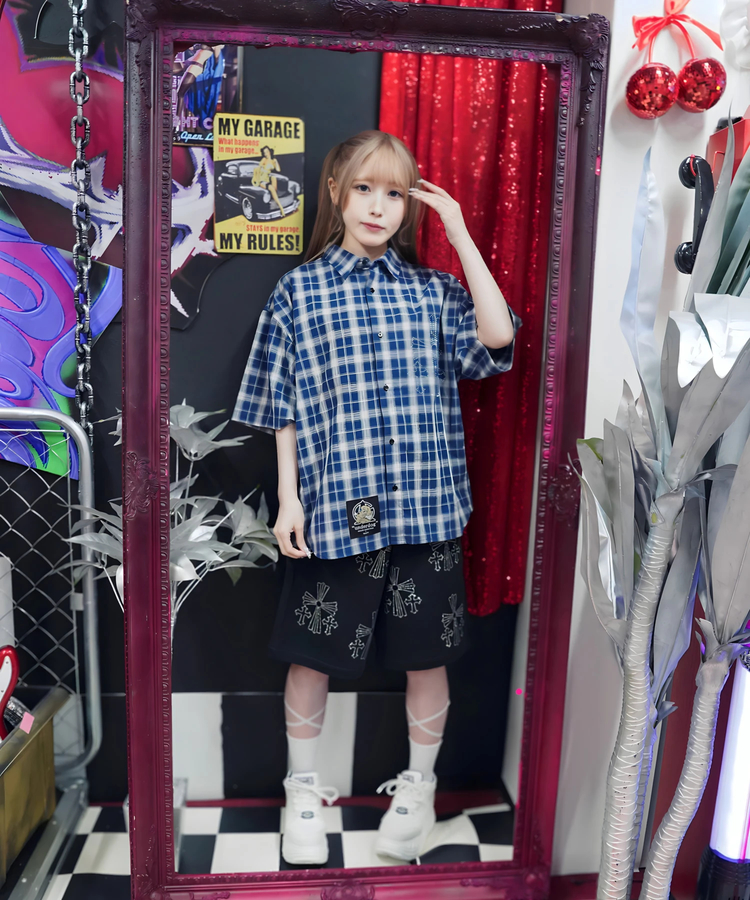 JACKROSE(ジャックローズ) |【GALFY×GALLIS ADDICTION】安心の十字架キラキラチェックSSシャツ(MENS)