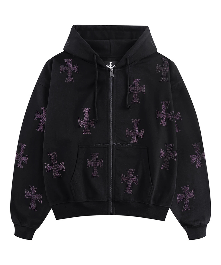 Unknown London/アンノウン ロンドン Cross Rhinestone Zip Hoodie