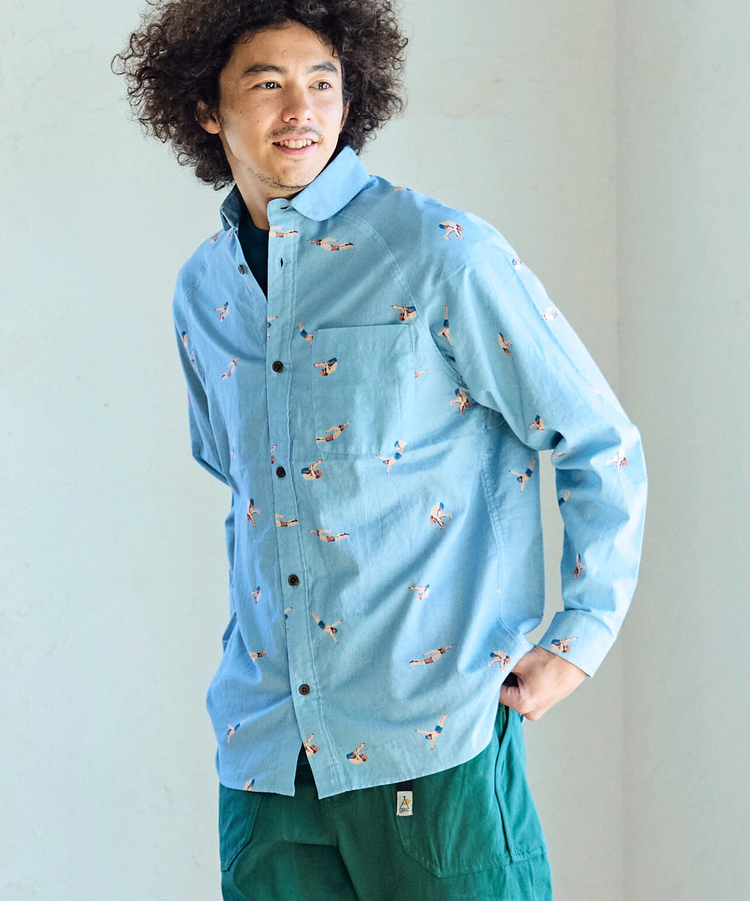 go slow caravan(ゴースローキャラバン) |ラミーコットン総柄プリントショールカラーシャツ (MENS/WOMENS)