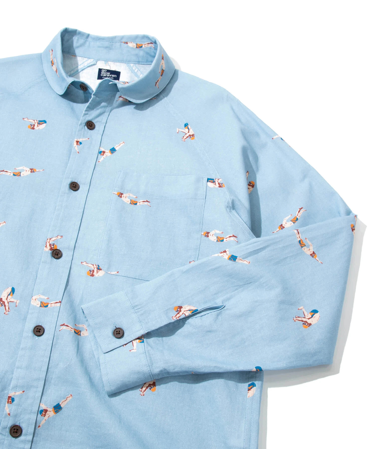 go slow caravan(ゴースローキャラバン) |ラミーコットン総柄プリントショールカラーシャツ (MENS/WOMENS)