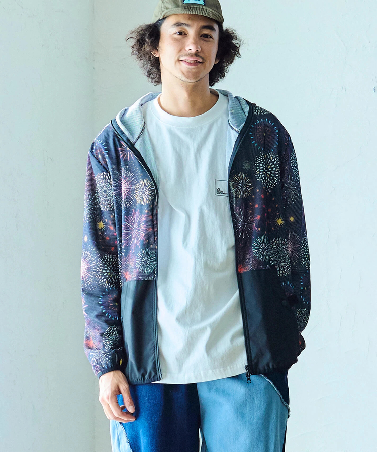 go slow caravan(ゴースローキャラバン) |メッシュ防蚊加工総柄プリントパーカ (MENS/WOMENS)