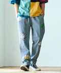 go slow caravan(ゴースローキャラバン) |ヘリンボーン・ヒッコリーストライプ断ち身プリントアンクルパンツ (MENS/WOMENS)