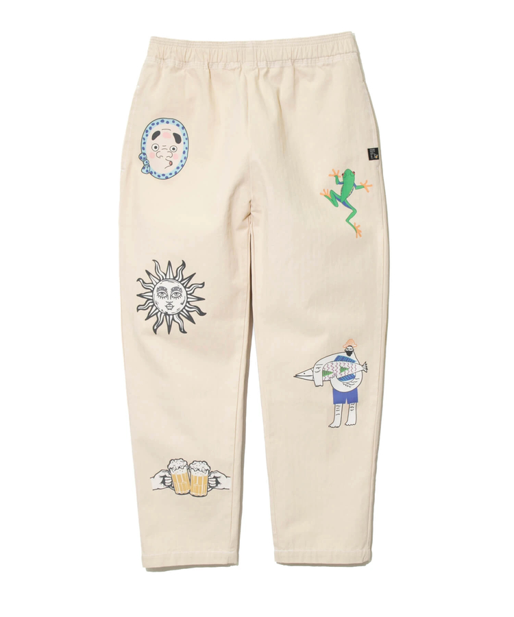 go slow caravan(ゴースローキャラバン) |ヘリンボーン・ヒッコリーストライプ断ち身プリントアンクルパンツ (MENS/WOMENS)