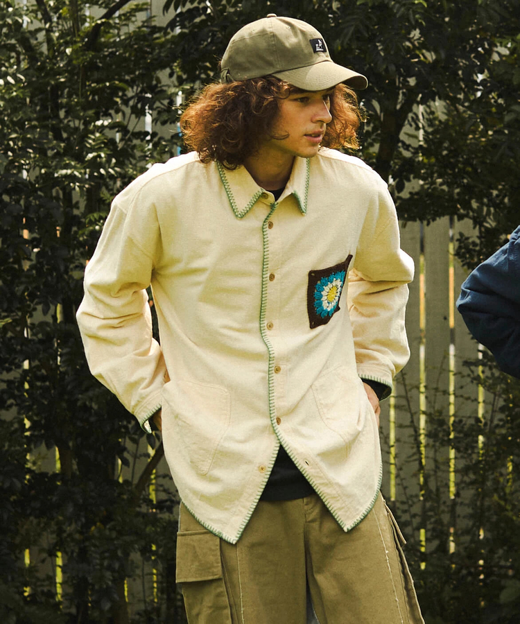 go slow caravan(ゴースローキャラバン) |ネル起毛カギ針編みポケットシャツ (MENS/WOMENS)