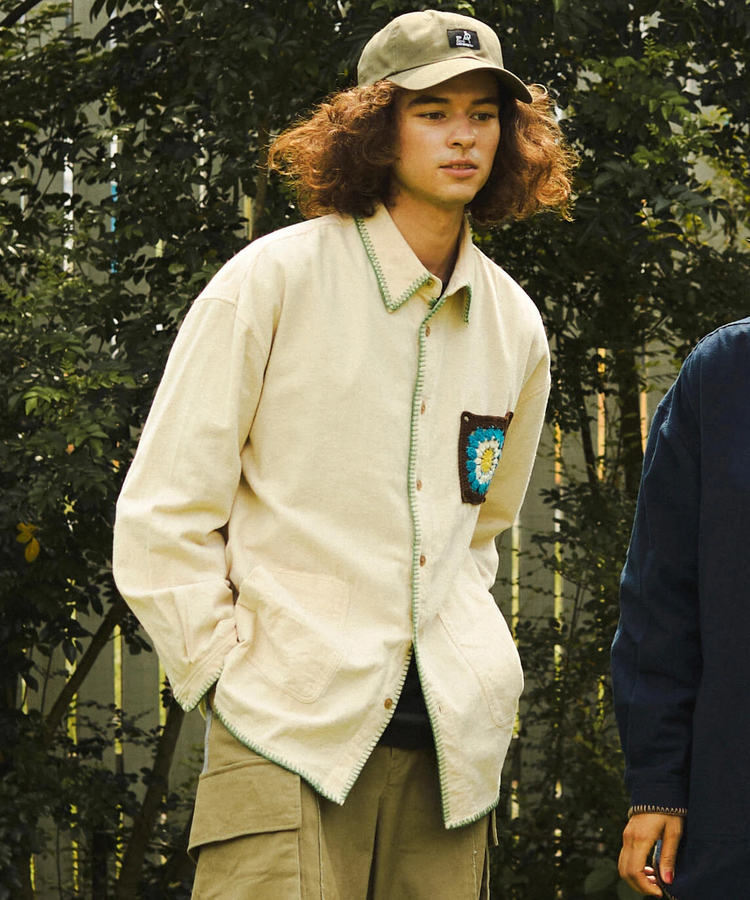 go slow caravan(ゴースローキャラバン) |ネル起毛カギ針編みポケットシャツ (MENS/WOMENS)
