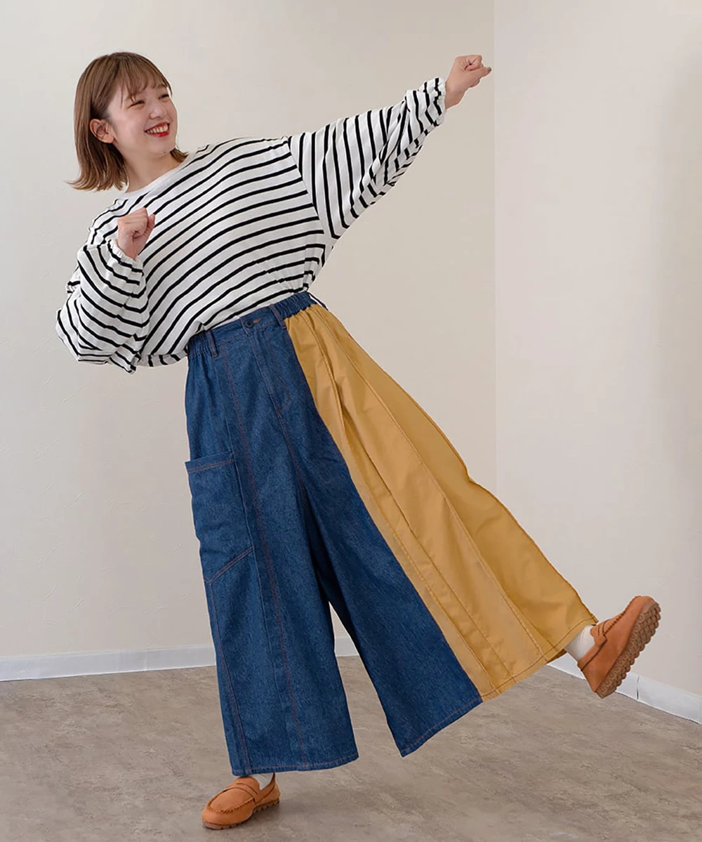 mililopiulu アシメカラープリーツデニムパンツ（デニムパンツ