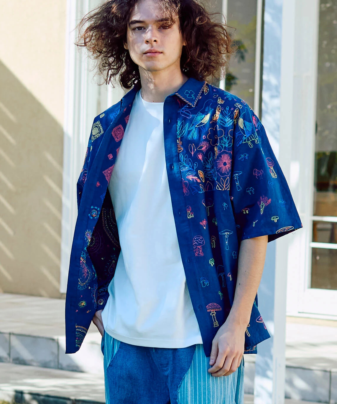 LINEN/COTTONスクエア刺繍半袖シャツ (MENS/WOMENS