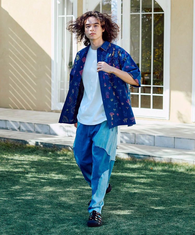 LINEN/COTTONスクエア刺繍半袖シャツ (MENS/WOMENS