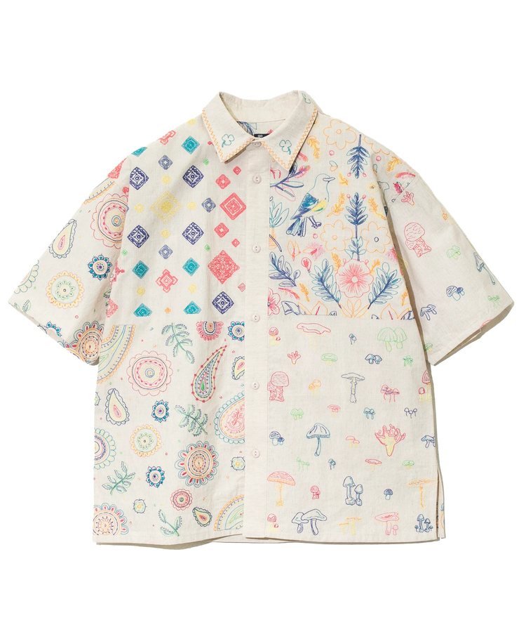 go slow caravan(ゴースローキャラバン) |LINEN/COTTONスクエア刺繍半袖シャツ (MENS/WOMENS)