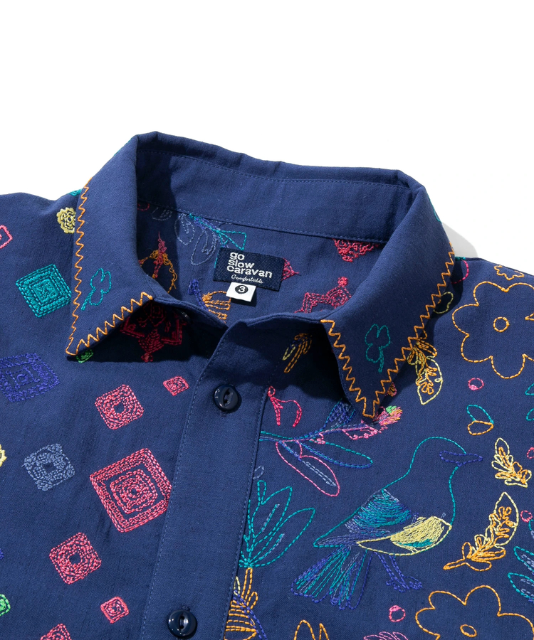 go slow caravan(ゴースローキャラバン) |LINEN/COTTONスクエア刺繍半袖シャツ (MENS/WOMENS)