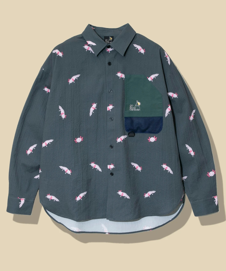 go slow caravan(ゴースローキャラバン) |ストレッチサッカー総柄プリントユーティリティーシャツ (MENS/WOMENS)