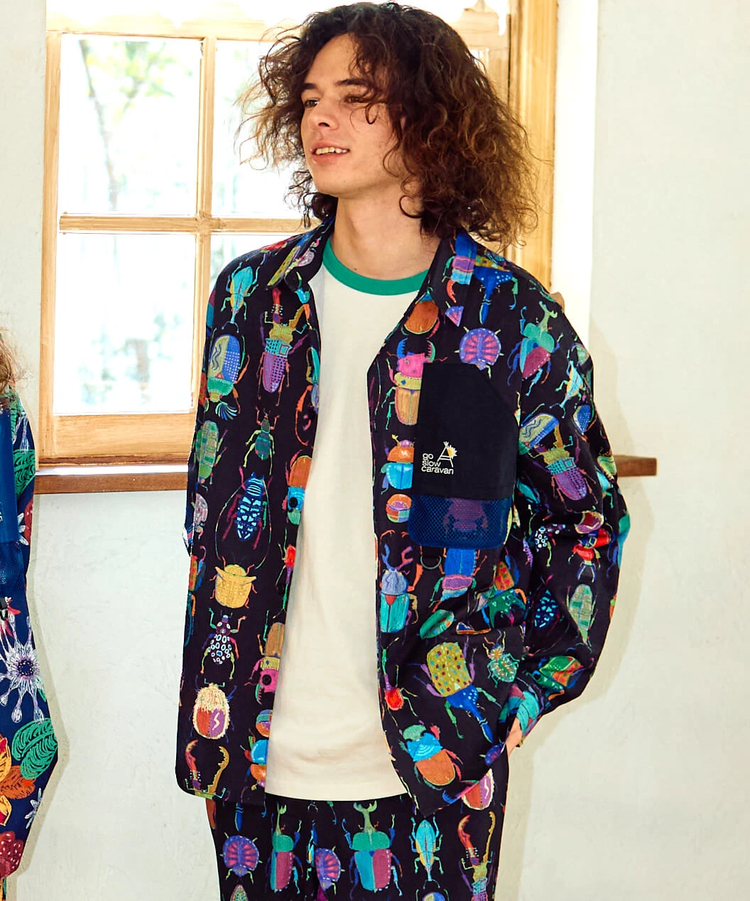 go slow caravan(ゴースローキャラバン) |ストレッチサッカー総柄プリントユーティリティーシャツ (MENS/WOMENS)