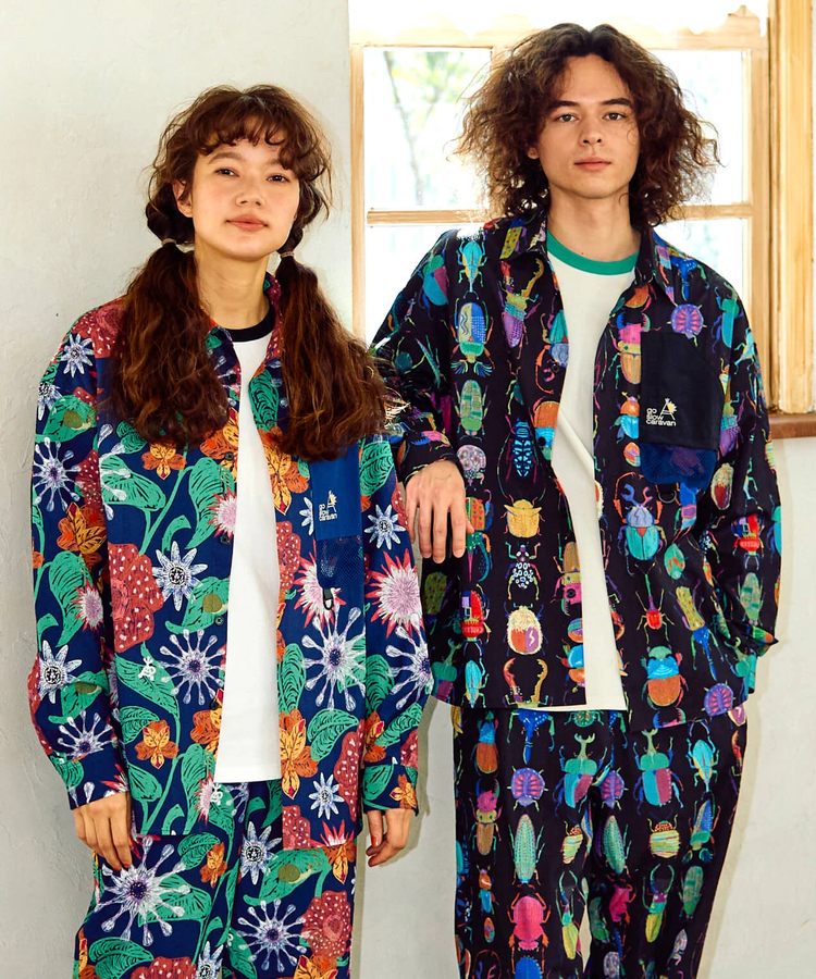 go slow caravan(ゴースローキャラバン) |ストレッチサッカー総柄プリントユーティリティーシャツ (MENS/WOMENS)