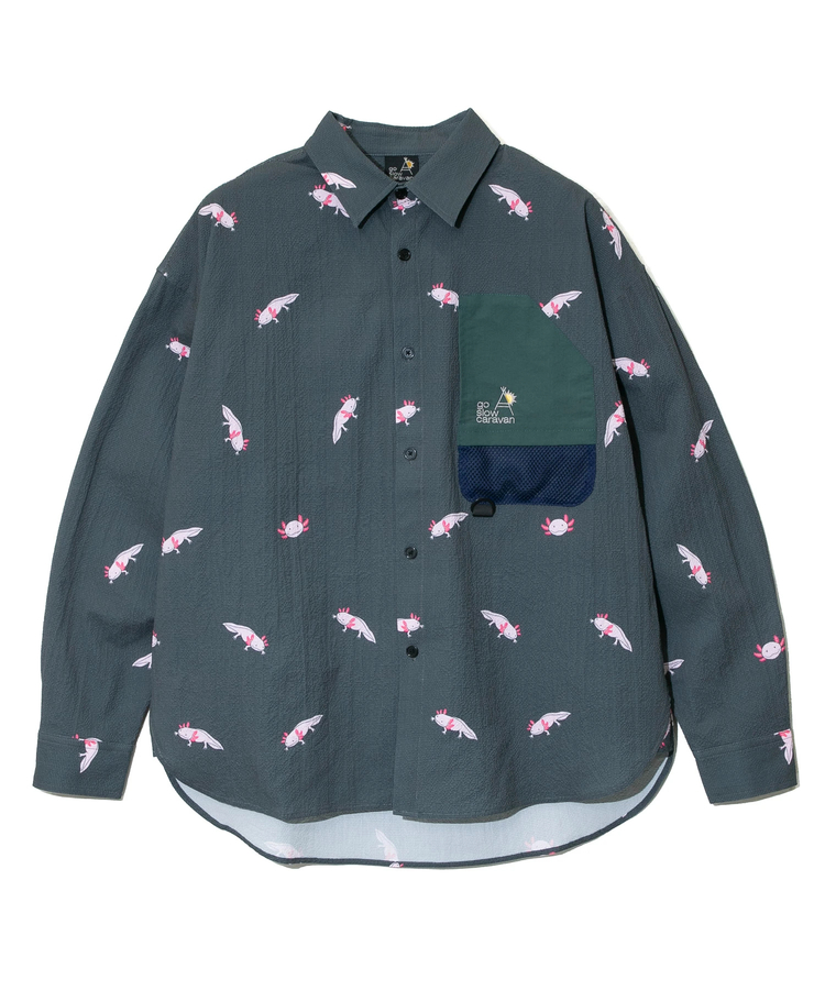 go slow caravan(ゴースローキャラバン) |ストレッチサッカー総柄プリントユーティリティーシャツ (MENS/WOMENS)