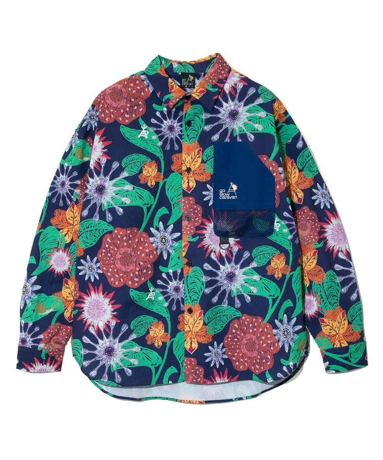 go slow caravan(ゴースローキャラバン) |ストレッチサッカー総柄プリントユーティリティーシャツ (MENS/WOMENS)