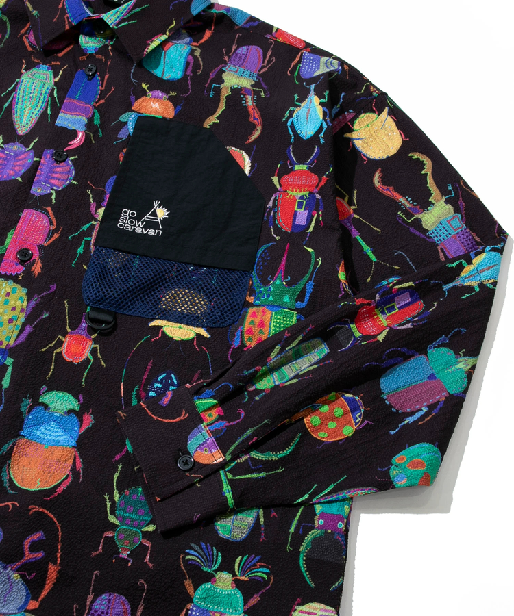 go slow caravan(ゴースローキャラバン) |ストレッチサッカー総柄プリントユーティリティーシャツ (MENS/WOMENS)