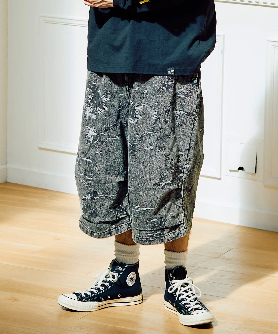 ジャガードデニムケミカルWASHワイドハーフパンツ (MENS