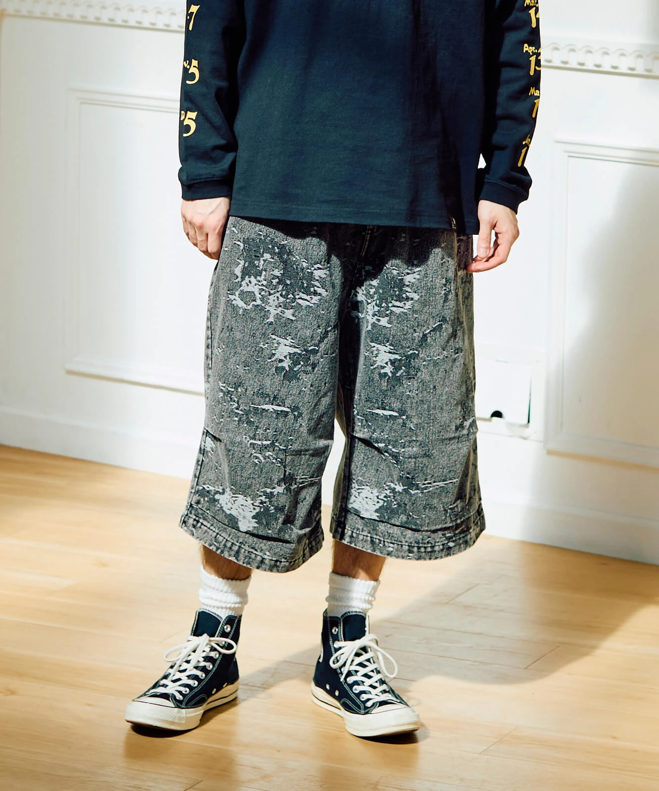 【同梱不可】 ジャガードデニムケミカルWASHワイドハーフパンツ (MENS パンツ
