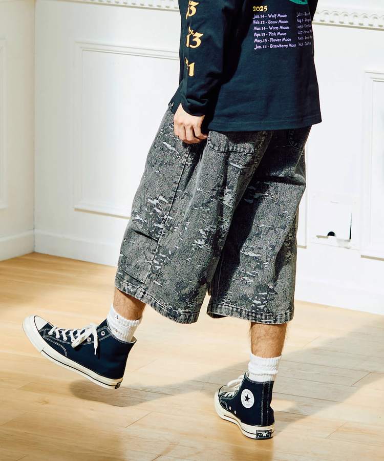 ジャガードデニムケミカルWASHワイドハーフパンツ (MENS
