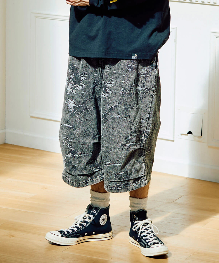 ジャガードデニムケミカルWASHワイドハーフパンツ (MENS