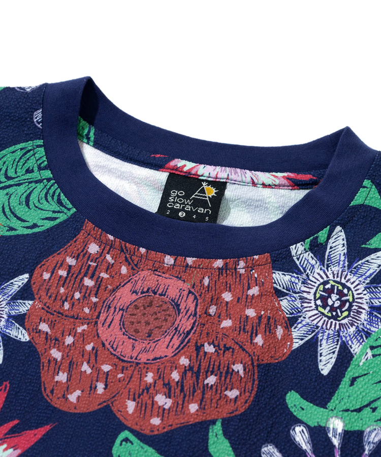 go slow caravan(ゴースローキャラバン) |ストレッチサッカー総柄プリント半袖TEE (MENS/WOMENS)