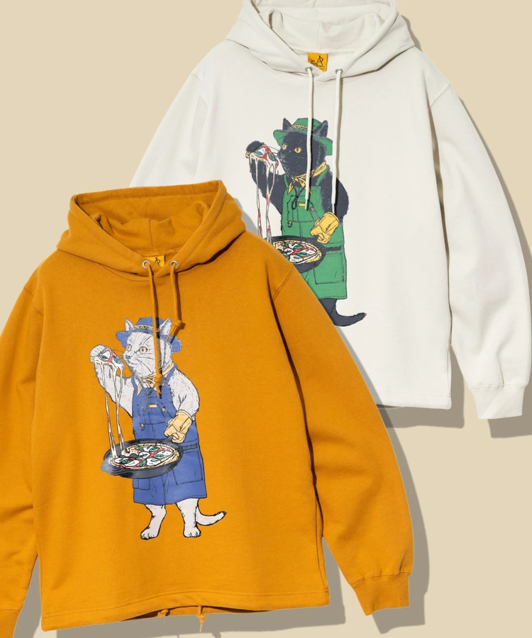 go slow caravan(ゴースローキャラバン) |空紡糸裏毛 スキレットピザ猫 ヘムスピンドルフーディー (MENS/WOMENS)