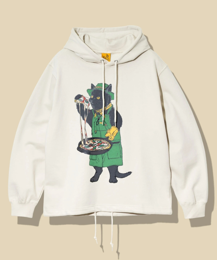 go slow caravan(ゴースローキャラバン) |空紡糸裏毛 スキレットピザ猫 ヘムスピンドルフーディー (MENS/WOMENS)