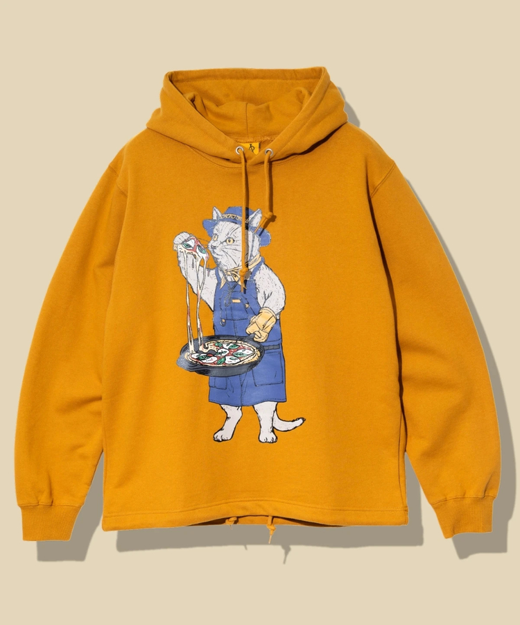 go slow caravan(ゴースローキャラバン) |空紡糸裏毛 スキレットピザ猫 ヘムスピンドルフーディー (MENS/WOMENS)