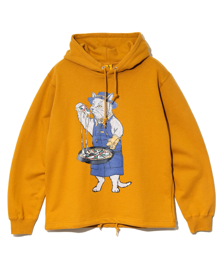 go slow caravan(ゴースローキャラバン) |空紡糸裏毛 スキレットピザ猫 ヘムスピンドルフーディー (MENS/WOMENS)