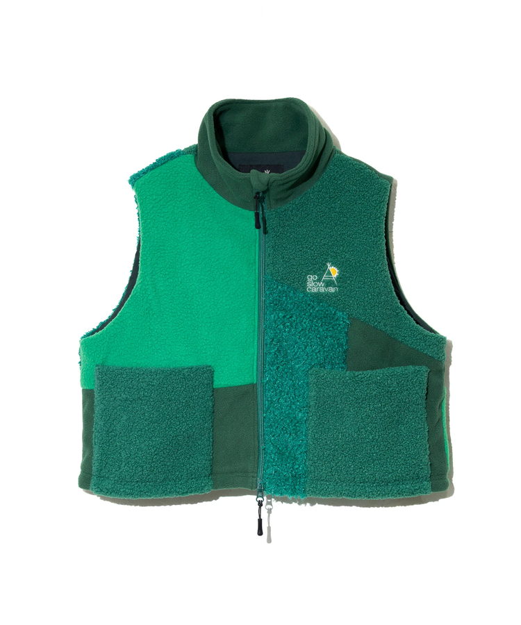 go slow caravan(ゴースローキャラバン) |ボア×フリース パッチワークショートベスト (WOMENS)