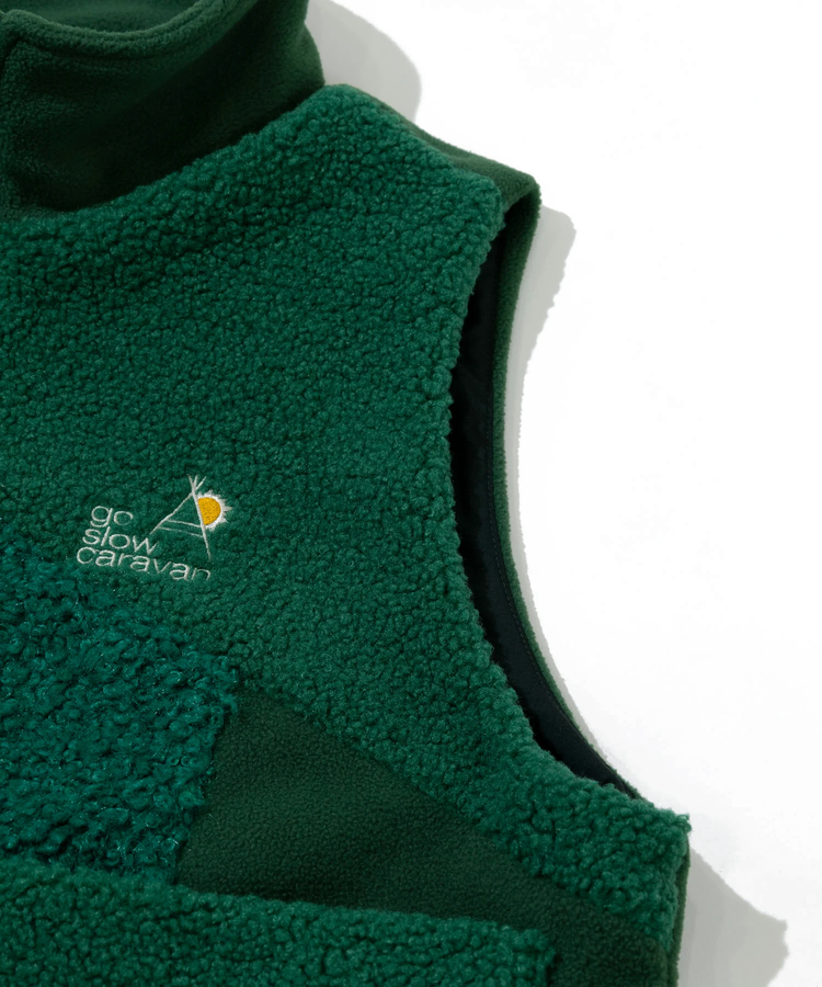 go slow caravan(ゴースローキャラバン) |ボア×フリース パッチワークショートベスト (WOMENS)