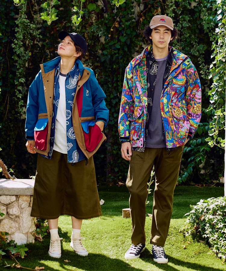 go slow caravan(ゴースローキャラバン) |2レイヤークレイジー/総柄プリントフードインスタンドブルゾン (MENS/WOMENS)