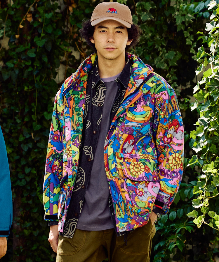 go slow caravan(ゴースローキャラバン) |2レイヤークレイジー/総柄プリントフードインスタンドブルゾン (MENS/WOMENS)