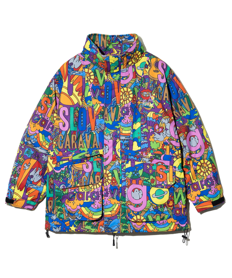go slow caravan(ゴースローキャラバン) |2レイヤークレイジー/総柄プリントフードインスタンドブルゾン (MENS/WOMENS)
