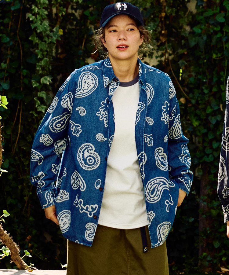 go slow caravan(ゴースローキャラバン) |デニム総柄抜染ペイズリーR/Gシャツ (MENS/WOMENS)