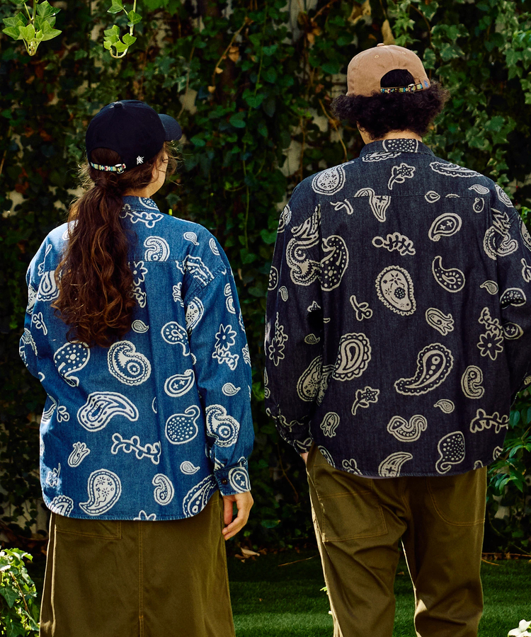 go slow caravan(ゴースローキャラバン) |デニム総柄抜染ペイズリーR/Gシャツ (MENS/WOMENS)