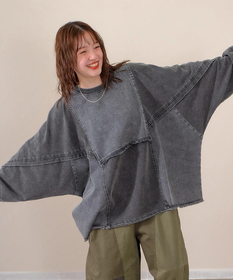go slow caravan(ゴースローキャラバン) |mililopiulu/ミリロピュール ケミカルデニム裏毛ドルマンプルオーバー (WOMENS)