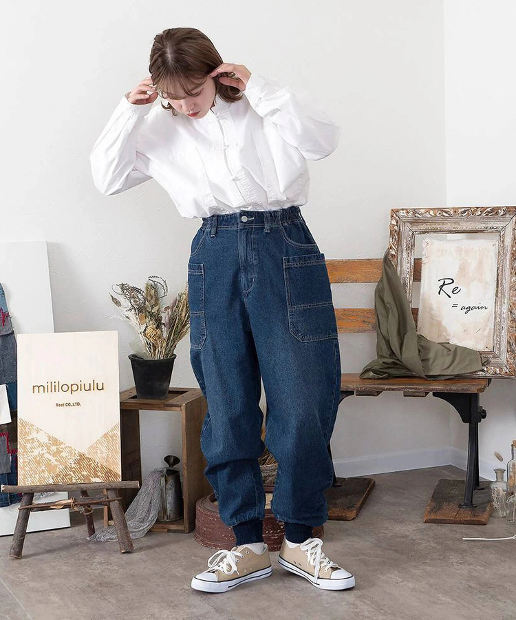 mililopiulu ミリロピュール ジャージパイピングテープデニムパンツ