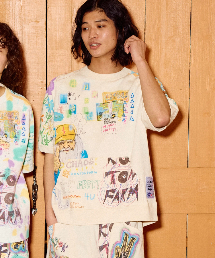 go slow caravan(ゴースローキャラバン) |32/1三本引き揃えヘビー天竺 落書きカオス ラグラン  TEE (MENS)