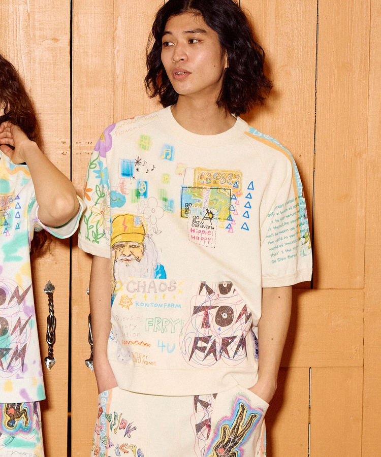 go slow caravan(ゴースローキャラバン) |32/1三本引き揃えヘビー天竺 落書きカオス ラグラン  TEE (MENS)