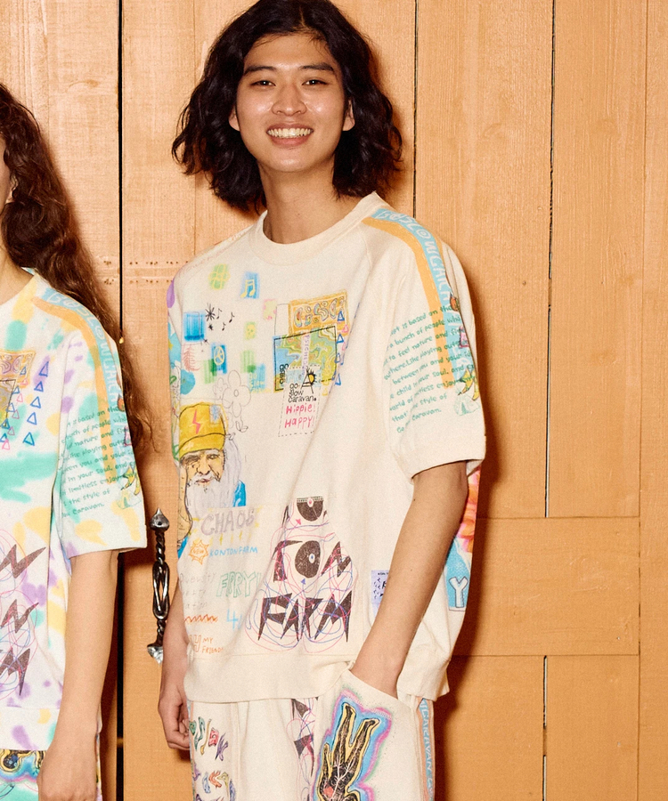 go slow caravan(ゴースローキャラバン) |32/1三本引き揃えヘビー天竺 落書きカオス ラグラン  TEE (MENS)