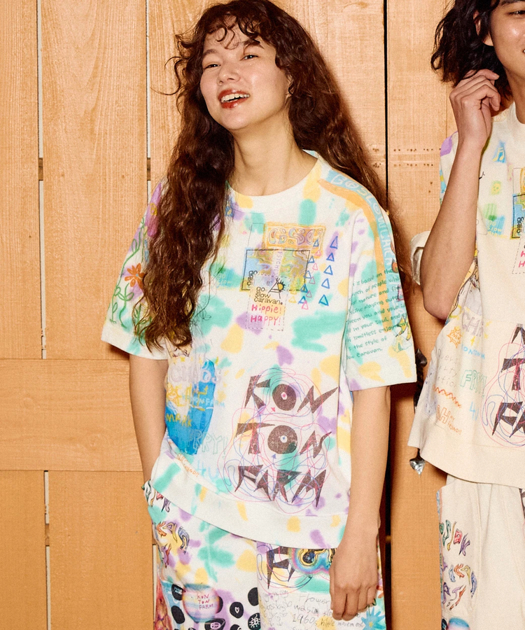 go slow caravan(ゴースローキャラバン) |32/1三本引き揃えヘビー天竺TIE DYE 落書きカオス ラグラン TEE (MENS)