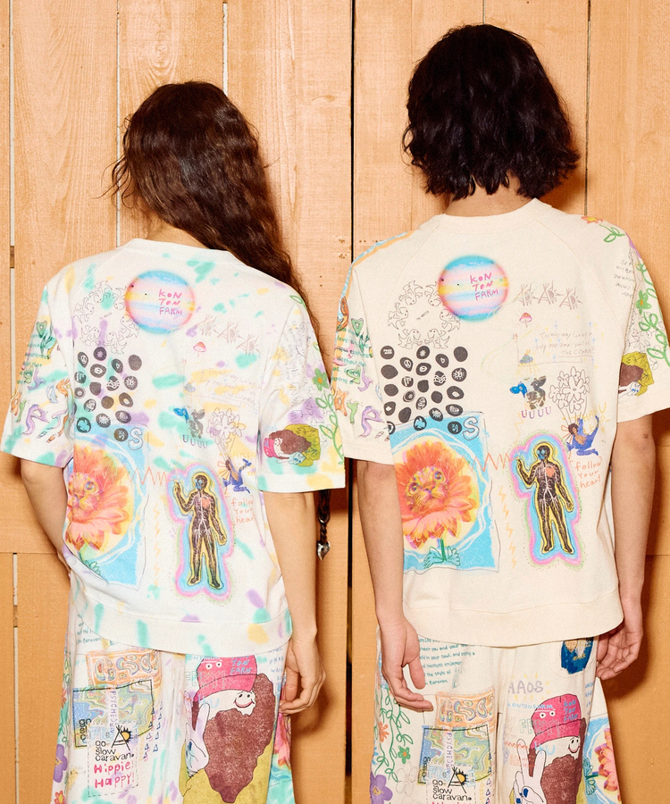 go slow caravan(ゴースローキャラバン) |32/1三本引き揃えヘビー天竺TIE DYE 落書きカオス ラグラン TEE (MENS)