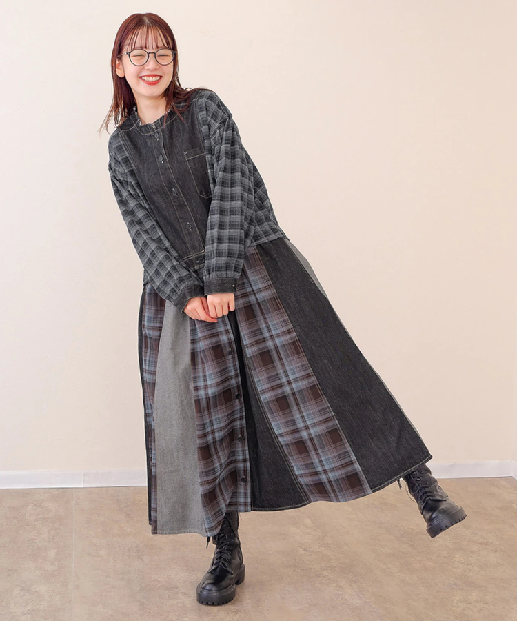 mililopiulu/ミリロピュール チェックミックスリメイクライクデニム