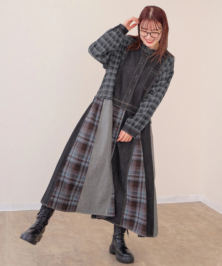 mililopiulu/ミリロピュール チェックミックスリメイクライクデニム