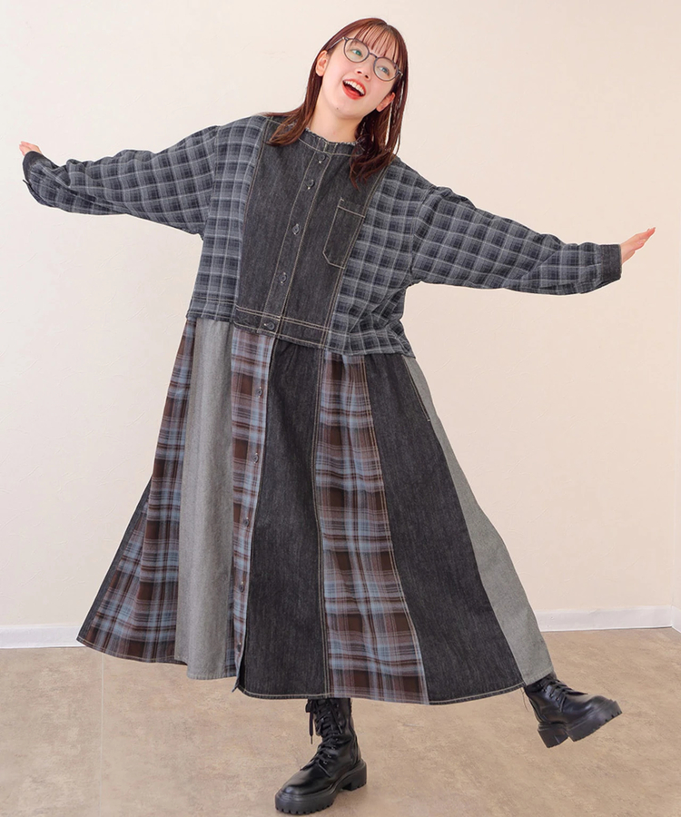 mililopiulu/ミリロピュール チェックミックスリメイクライクデニム